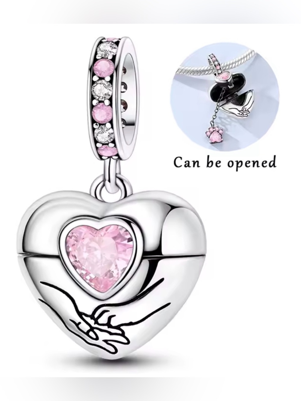 Silver & Pink Openable Heart Locket & Dangle Paw Print Charm